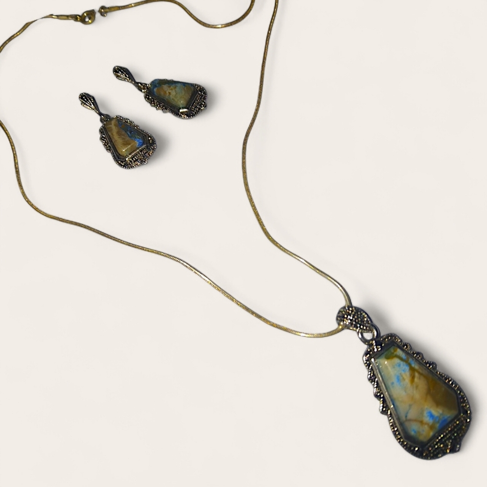 Matching Blue Stone Jewelry Set With Silver Tone Accents Necklace Earrings